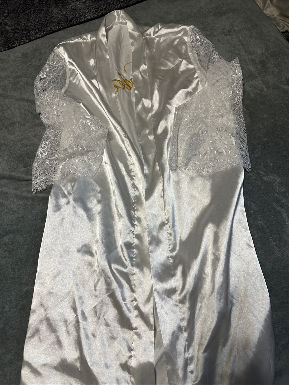 White Satin "Bride" Robe with Gold Script - Picture 2 of 2